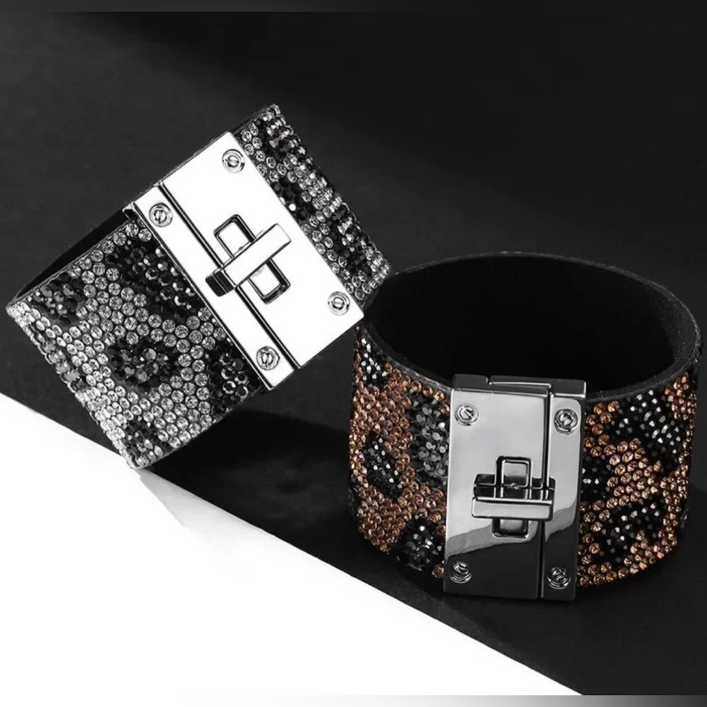 Silver & Black Crystal Rhinestone Leopard Print Cuff Bracelet W/ Toggle Closure